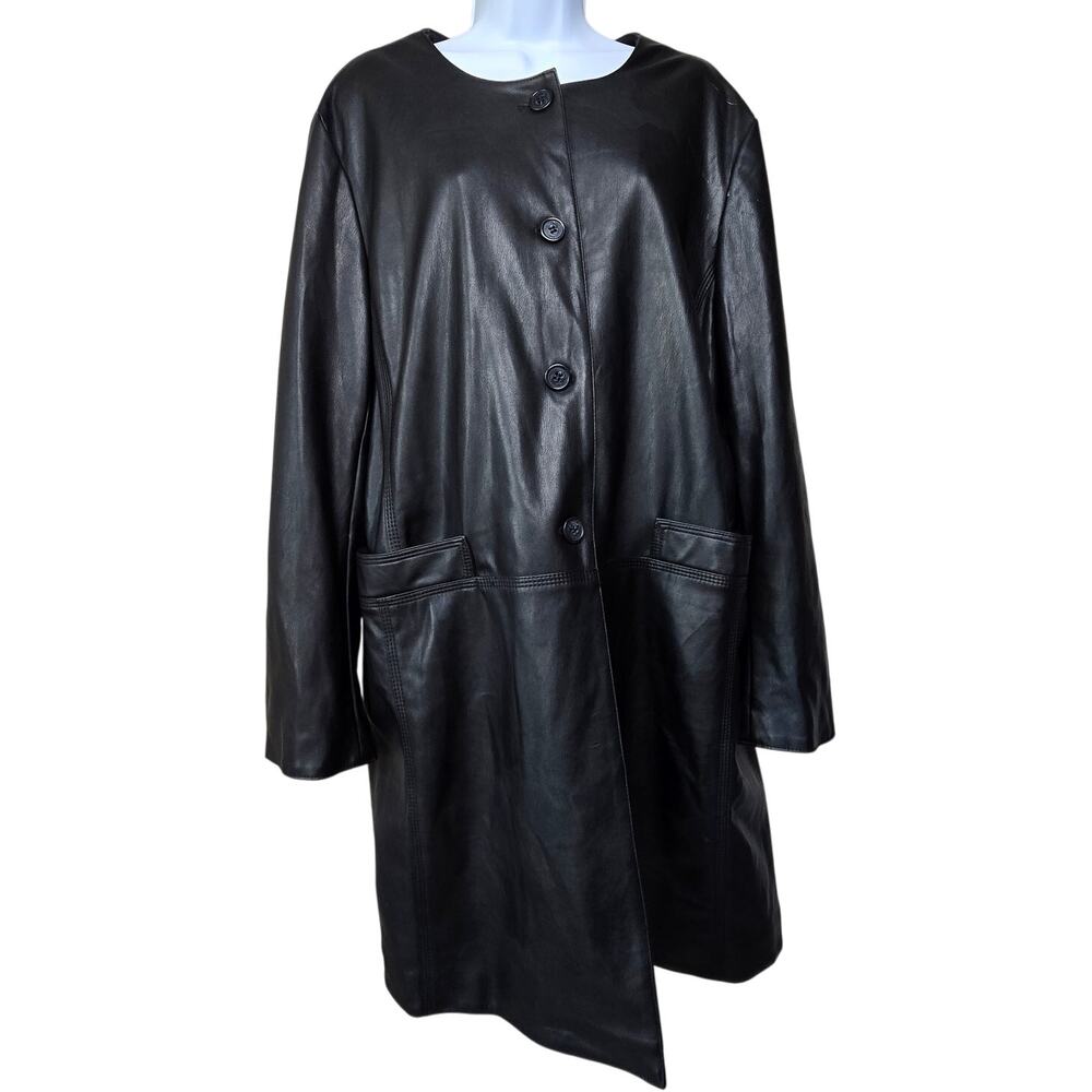 Calvin Klein Black Faux Leather Long Coat Knee High Lined Overcoat Women's XL